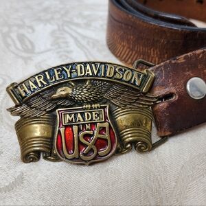 Vintage Harley Davidson Brass Buckle 1980 Baron Buckles And Eagle Leather Belt